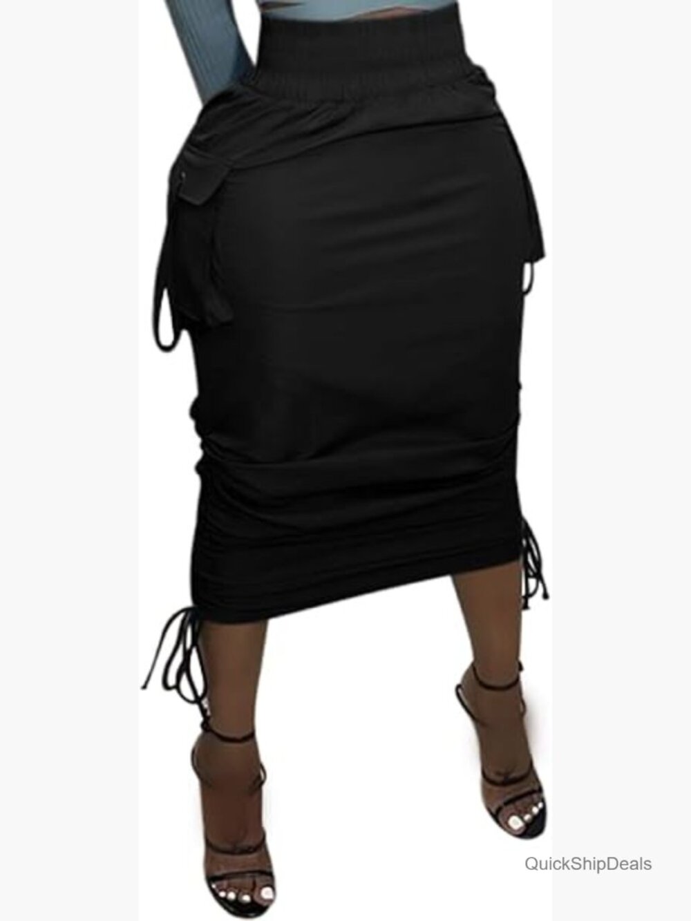 High Waisted Ruched Drawstring Long Pencil Skirt with Pockets